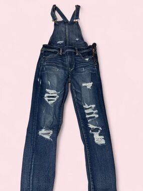 American Eagle Outfitters Dark Blue Distressed Denim Overalls